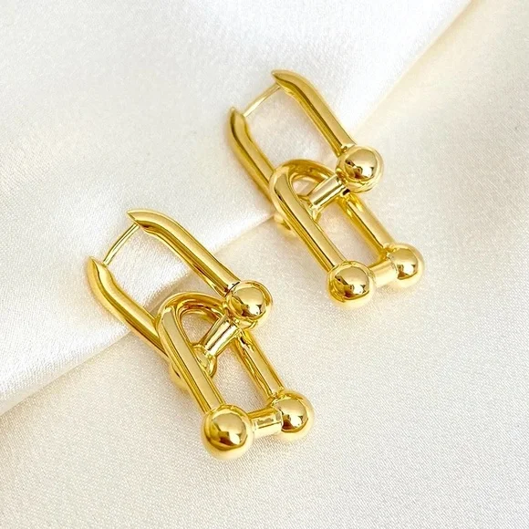 925 Sterling Gold U Link 14K Gold Plated Hardware Chunky Earrings - Picture 2 of 9